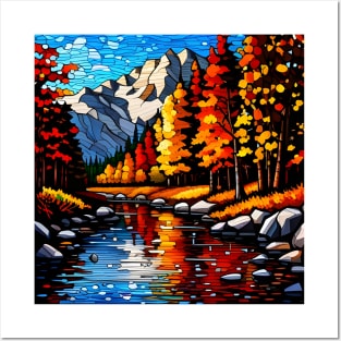 Stained Glass River Running Amid Autumn Foliage Posters and Art